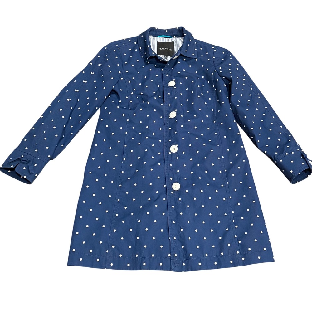 Talbots Trench Coat Womens 2 Polka Dot Navy Blue White Jacket Excellent